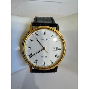 Women's Pulsar QuartzWatch, Gold, Black band white face Roman numerals and date